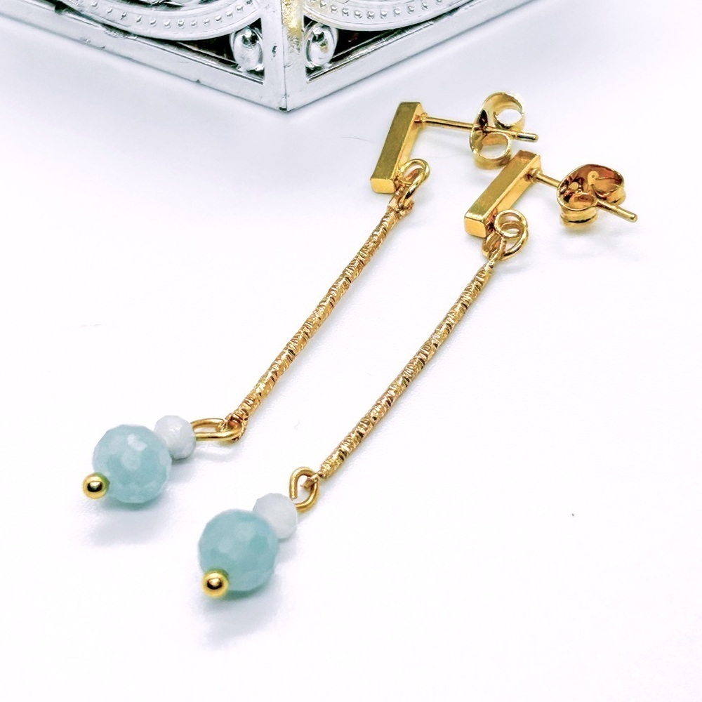 NWOT Genuine aquamarine dangle earrings stainless steel gold plated 1 1/2”